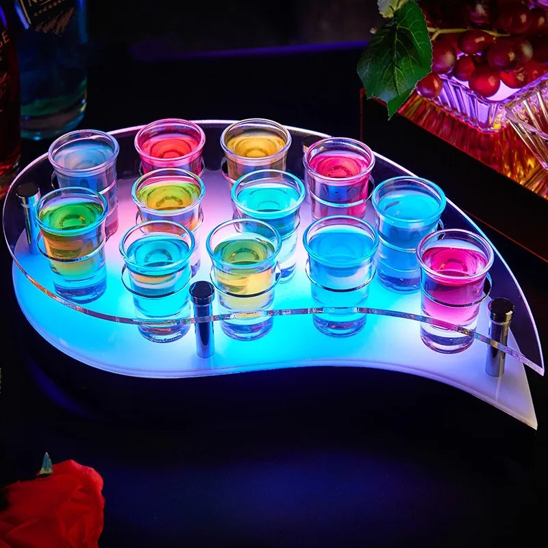 Heart shaped Luminous Colorful Rechargeable Acrylic Lighted Glasses Serving Holder Display Stand LED VIP Shot Glass Service Tray