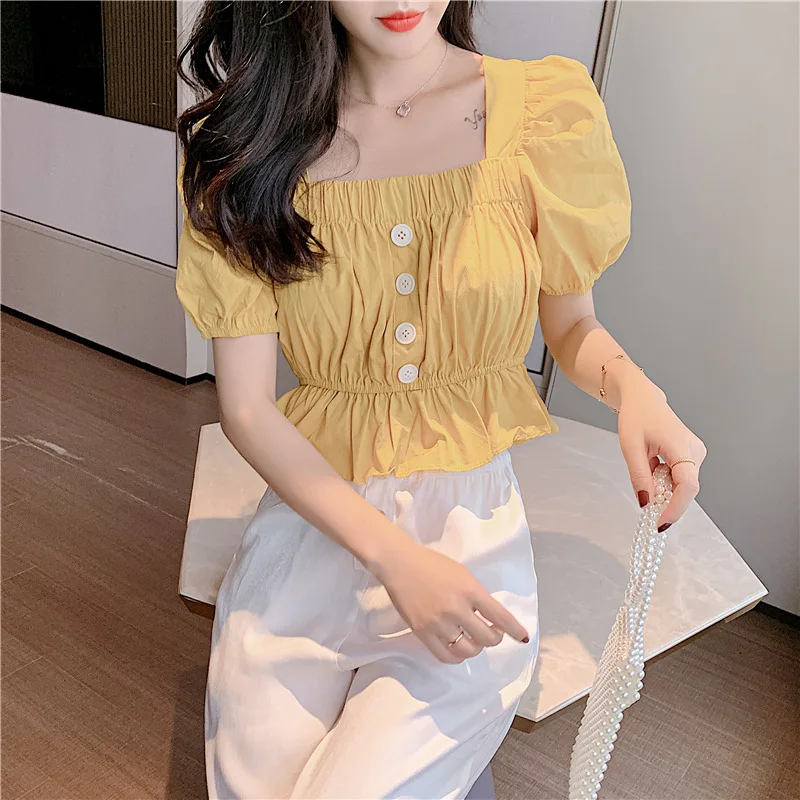 Women Summer Casual Square Neck Crop Top Short Puff Sleeve Shirt Tops Button Ruffles Yellow White Korean Fashion Clothing Blouse