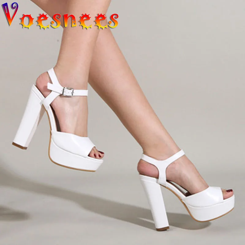 Voesnees Women Sandals 2021 Fashion Waterproof Platform 13CM Thick Heel Shoes Concise Buckle Strap Model Womens Sexy High Heels