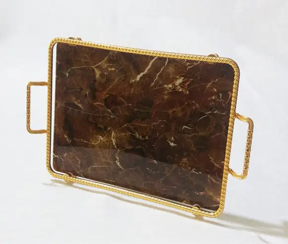 DOLBOVI Medium Size Gold Coffee Marble Patterned Glass Marbled tray 35*21 * h5 cm tray поднос plateau de service