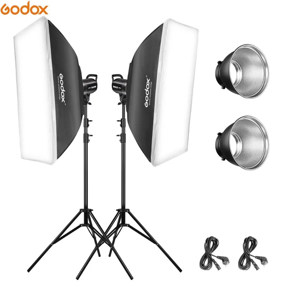 2pcs Godox SL-60W CRI 95+ LED Video Light Kit SL60W 5600K + 60x60cm Softbox + 2m Stand + Remote Controller + Reflector