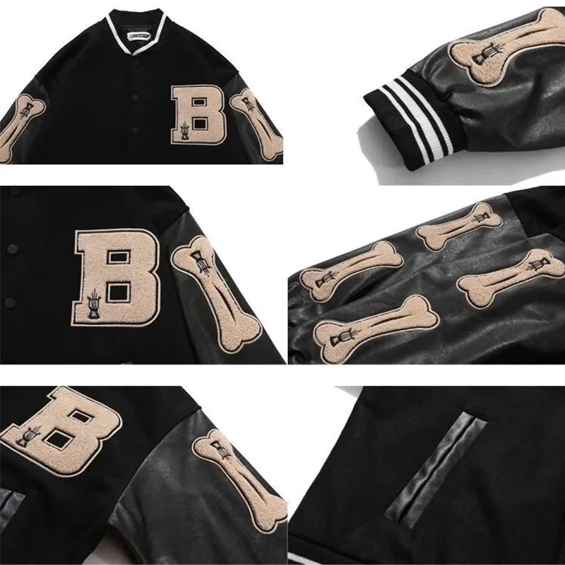 Vintage Bone Varsity Jacket Men Leather Sleeve Plush Letterman Women\'s Bomber Jacket Hip Hop Coat Baseball Oversize Green Purple