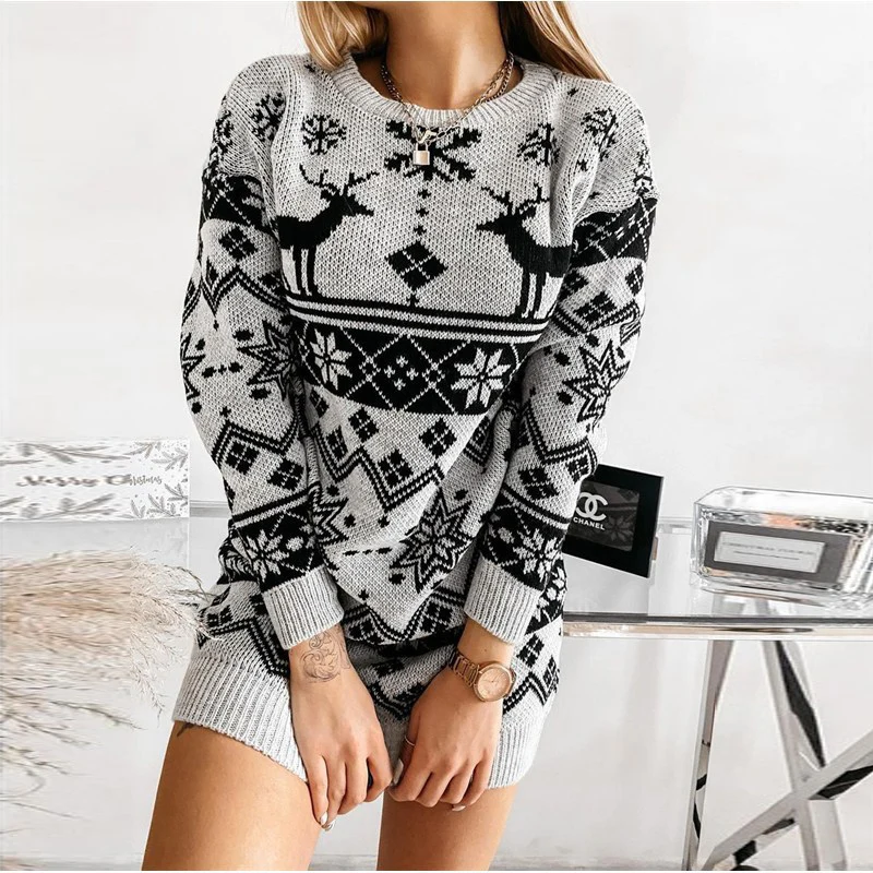 Maglione natalizio abito lavorato a maglia da donna autunno donna temperamento alce fiocco di neve collo tondo maglioni a maniche lunghe