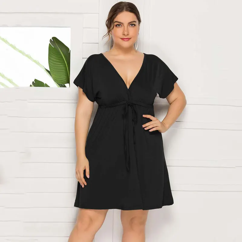 PLUS SIZE V Neck Short Sleeve Mini Dress Women Sundress Sexy Elastic Waist Frenulum Dresses Casual Loose Pullover Clothing