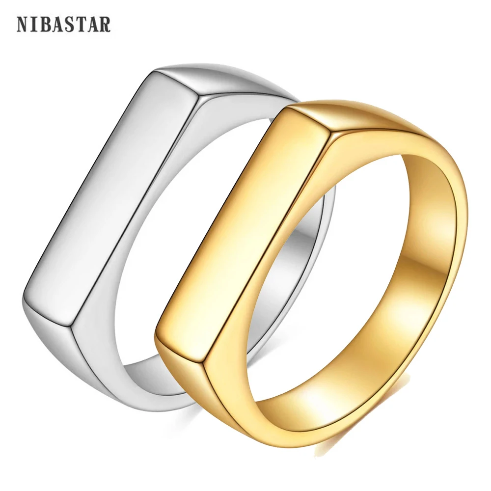 NIBASTAR Simple Geometric Smooth Ring For Women Stainless Steel Square Band Flat Top Signet Lady Ring Party Jewelry Gift