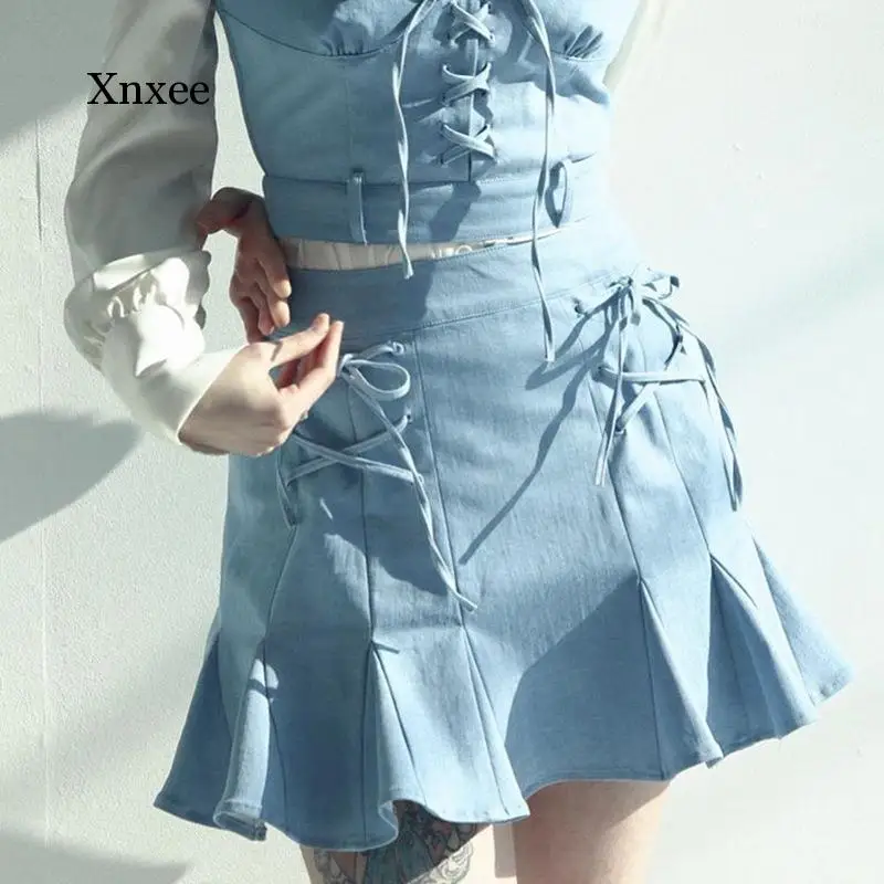 Summer Pure Color Sweet Temperament Ins Fashion Simple Sexy High-Waisted Hip Skirt Bandage Girl a Pleated Skirt Female Clothing