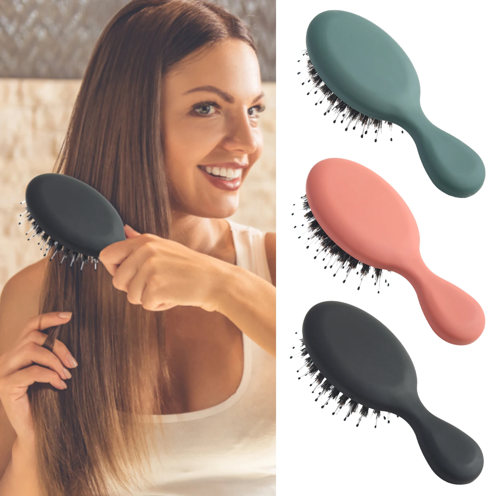 3Color Natural Boar Bristle Hairbrush Massage Comb Anti-static Hair Scalp Brush ABS Handle Hair Brush Comb Styling Tool