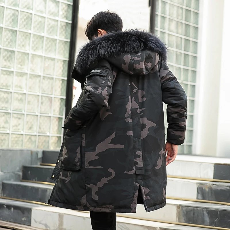Winter men's trend thickened long down jacket big fur collar hooded down jacket run men's same style brand young man fashion