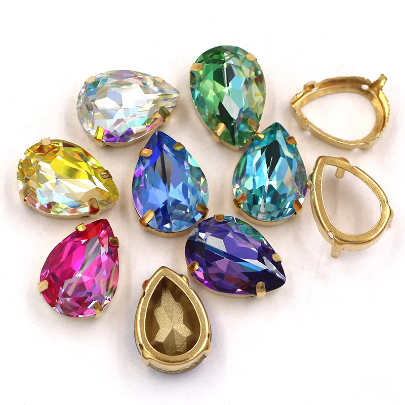 New Arrival Laser Crystal Pointback Teardrop Shape Glass Sewing Gold Claw Setting Rhinestones For Clothing/ Wedding Dress