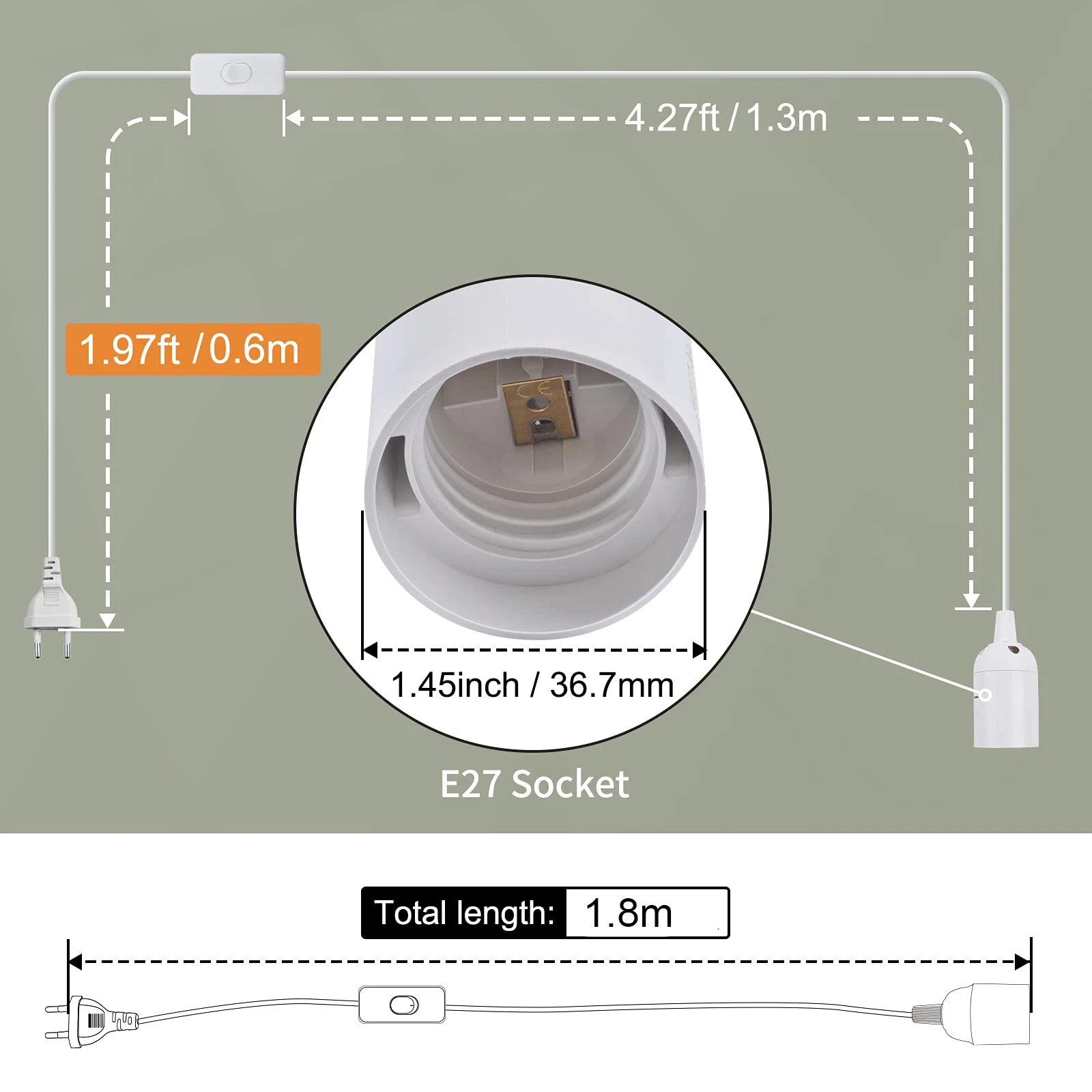 Imagem -02 - Hcnew-eu Plug Cabo de Alimentação E27 Base da Lâmpada 1.8m Interruptor Fio para Pendente Lâmpada Led Hanglamp Suspensão Soquete Titular