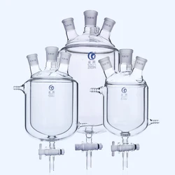 Laboratory Four-mouth Borosilica Glass Jacketed Reaction Bottle with PTFE Emptying Valve Laboratory Double-decker Reaction Flask