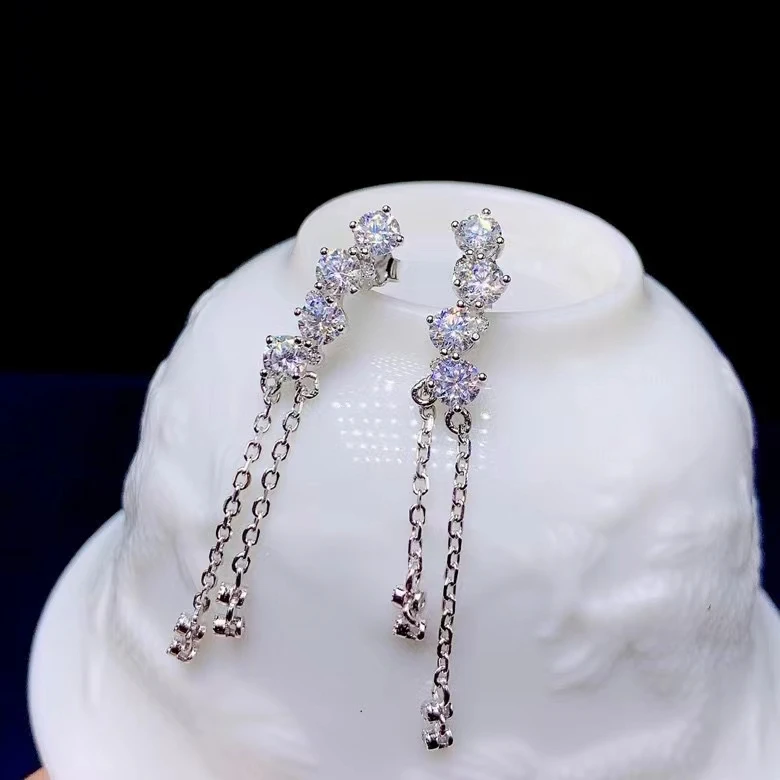 New Shiny Moissanite Stud Earrings with Dangling Chain for Women Real 925 Silver Supply Test Shiny Better party gift