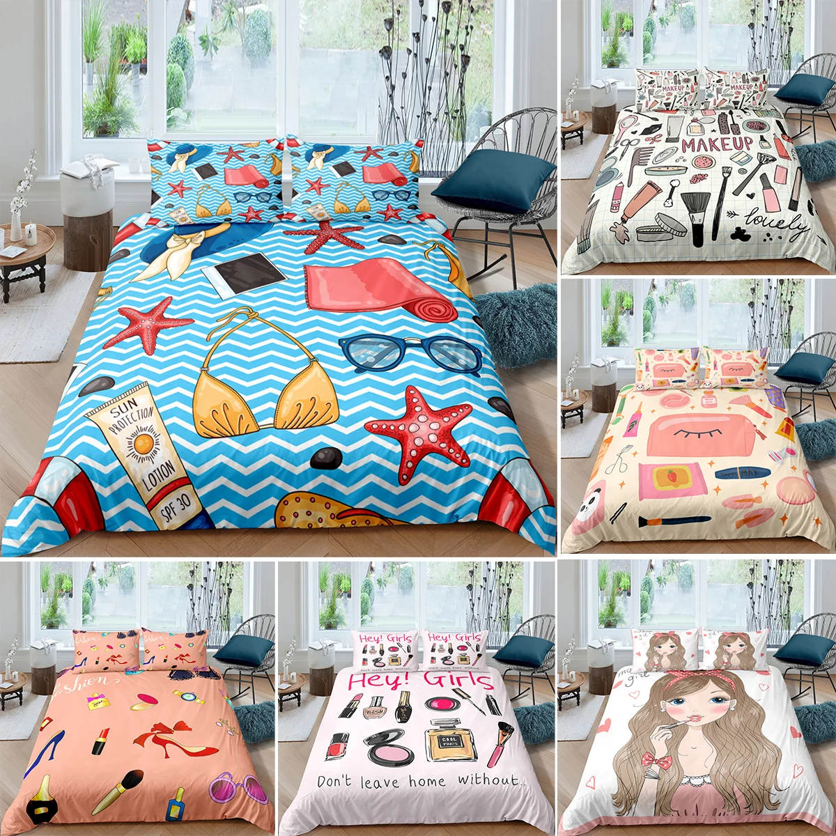 

Beauty Make Up Pattern Girls Bedding Set Cartoon Cosmetic Doodles Printed Comforter Duvet Covers 150x200 King Queen Twin Size