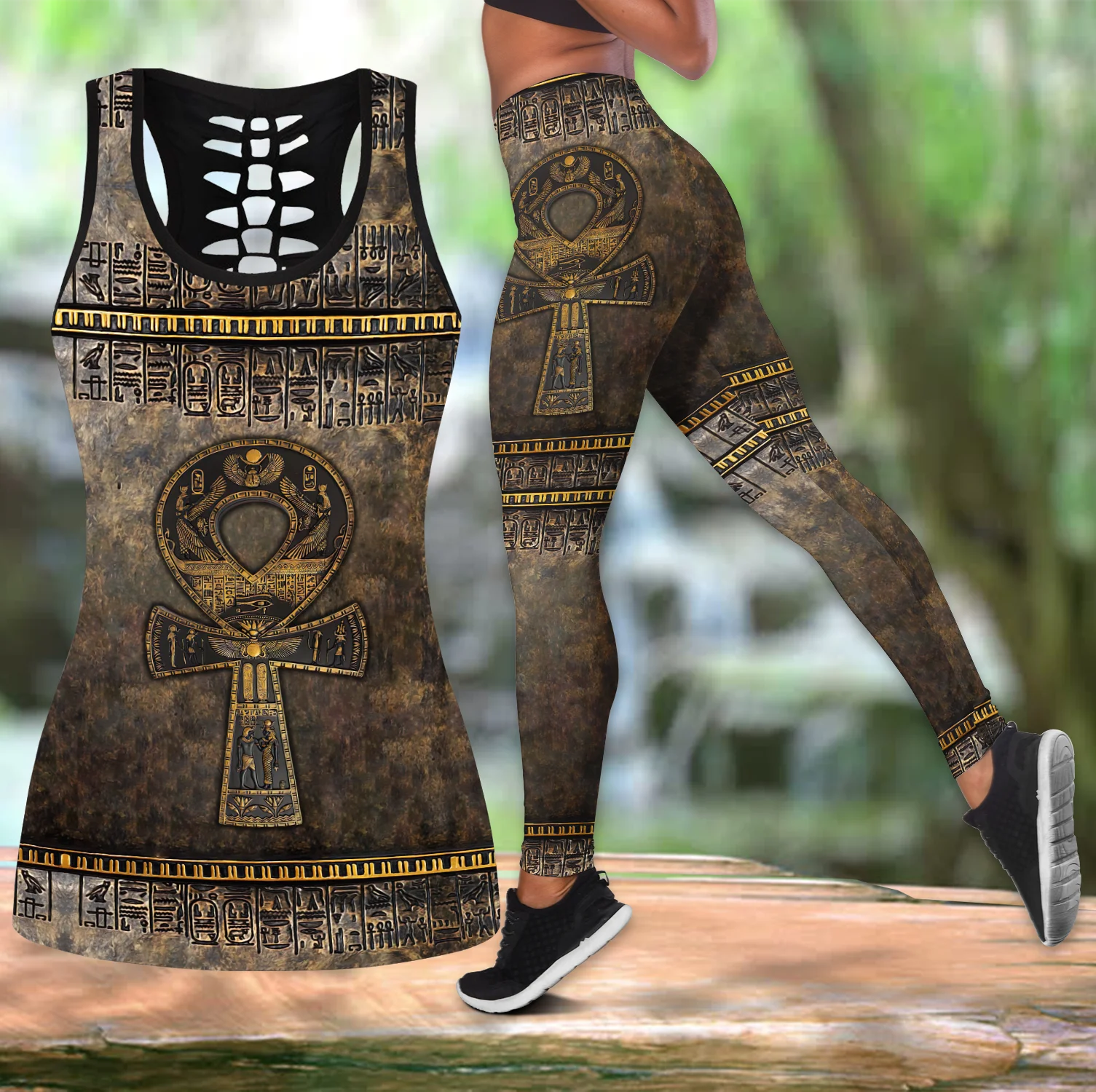 Ankh Ancient Egypt Symbol 3D Printed Hollow Tank Top & Leggings Set Fitness Female Full Length Leggings Yoga Pants LKB-27