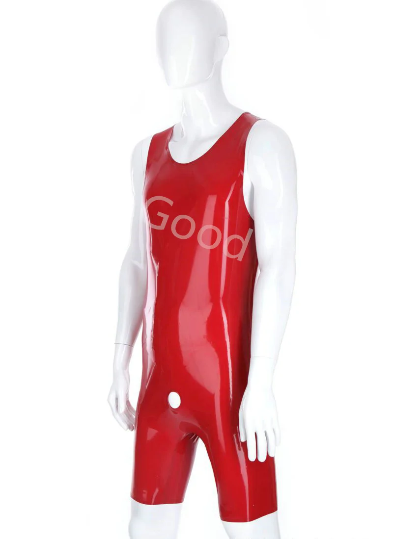 Sleeveless Latex Catsuit Front Hole Sexy Rubber Bodysuits Half Pants Men’s Tight Clothing Fetish Jumpsuit Athletic Wear no Zip