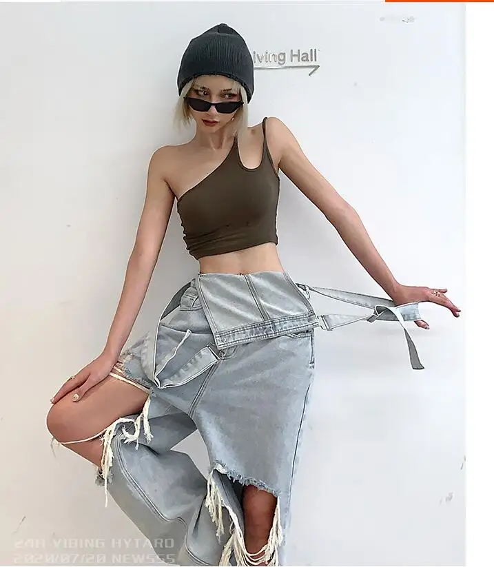 Casual Wide Leg Denim Overalls Rompers Women Straight Ripped Hole Mom Jeans Jumpsuit High Waist Loose Big Size Straps Baggy Pant