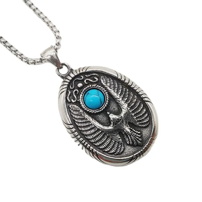 New Vintage Silver316L Stainless Steel Eagle Badge Pendant Necklace With Blue Mable Stone Mens Fashion Necklace Jewelry Gift