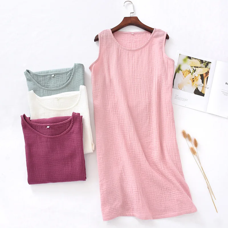 100% Cotton Crepe Summer Dress Sleeveless Dress Solid Pink Sundress Loose Sleepwear  121965WLA