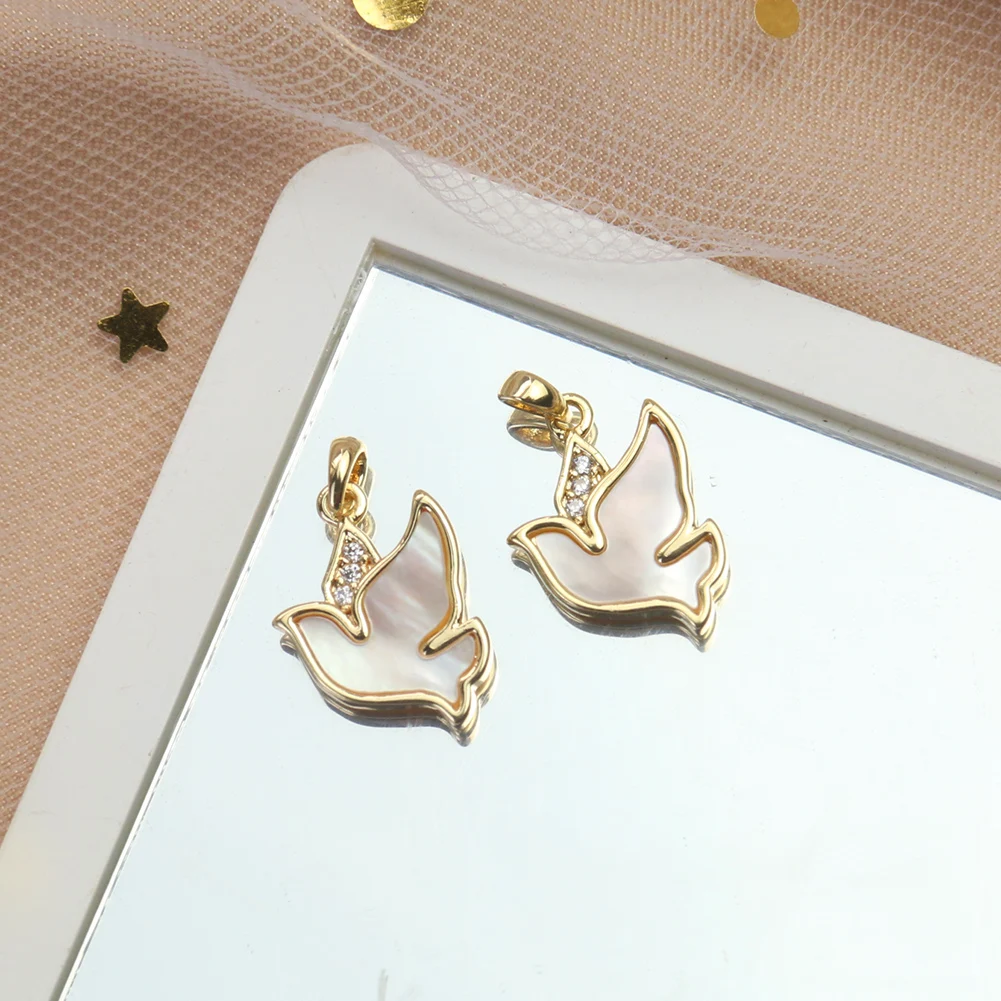 Natural White Shell Peace Dove Bird Charms Inlaid Zircon Gold Plated Pendant Earrings Necklace Women DIY Jewelry Accessories