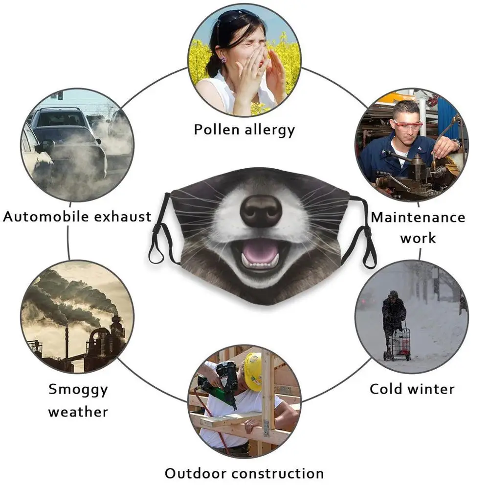 Raccoon Face Print Washable Filter Anti Dust Mouth Mask Raccoon Face Cute Animal Furry Anthro Mask Trash Panda