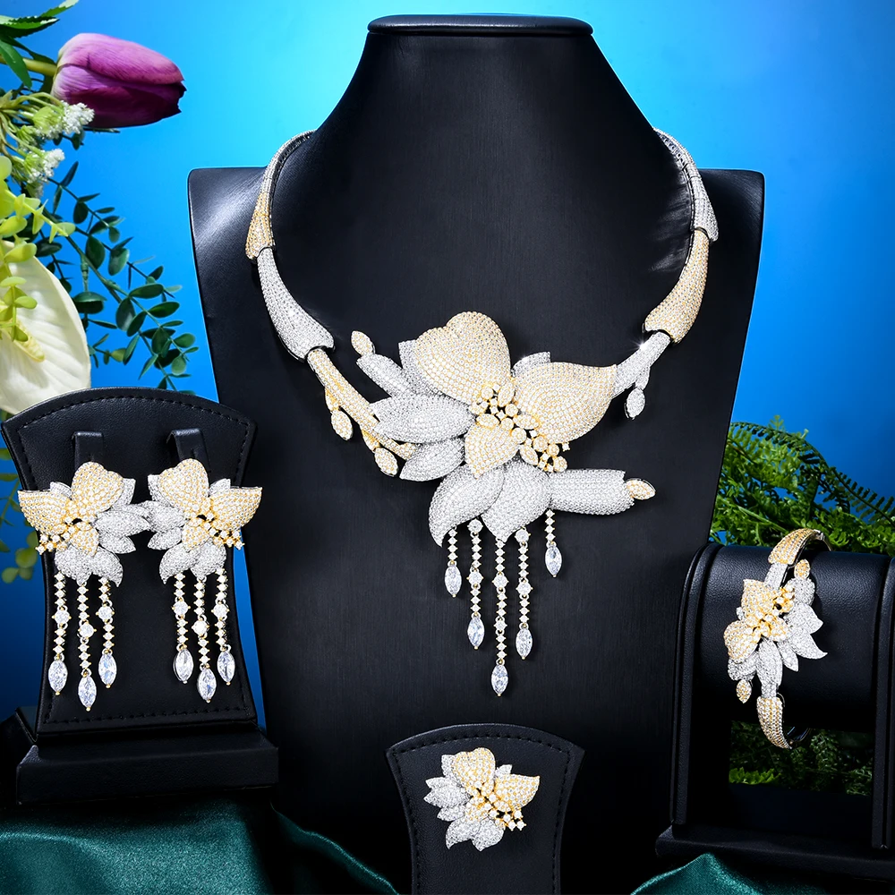 Kellybola Trendy Gorgeous Flowers 4PCS For Women Wedding Babquet African Indian Full Cubic Zirconia Dubai Bridal Jewelry Sets