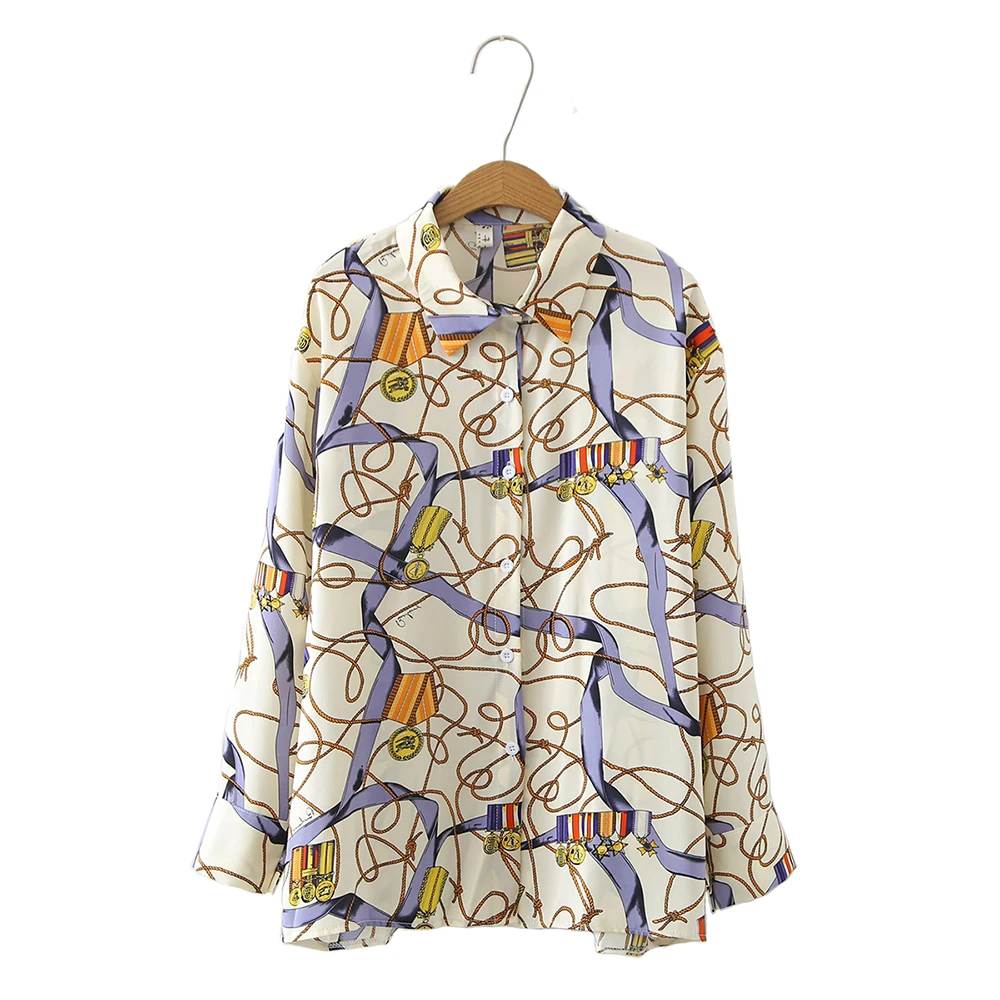 2021 Spring &Summer Woman Rope Badge Printing Long-Sleeved Chiffon Shirt