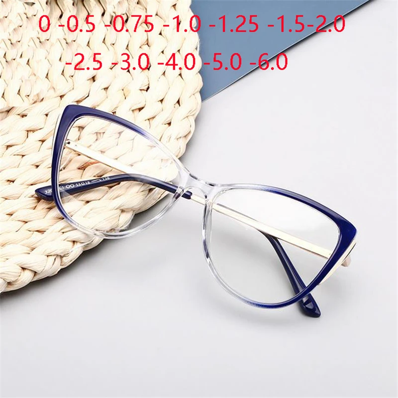 

0 -0.5 -0.75 To -6.0 Women Anti Blue Light Cat Eye Nearsighted Glasses Prescription Eyewear Metal Spring Leg Diopter Spectacles