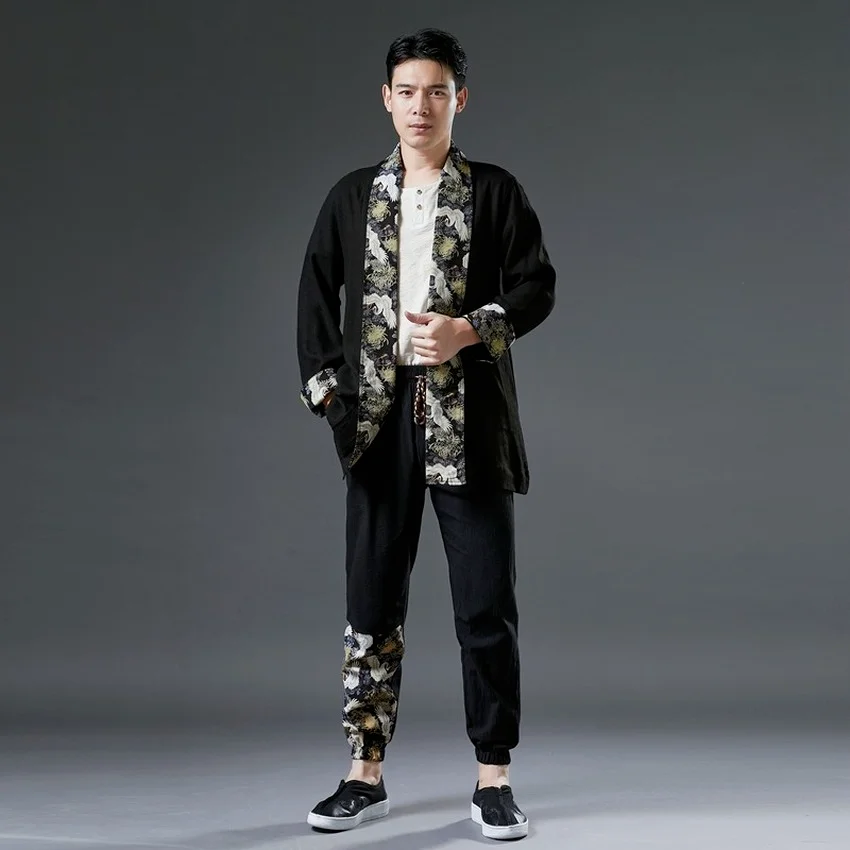 

Japanese Clothes Men Crane Retro Printed Loose Kimono Cardigan Black Long Sleeve Male Samurai Coat Casual Asia Vintage Clothing