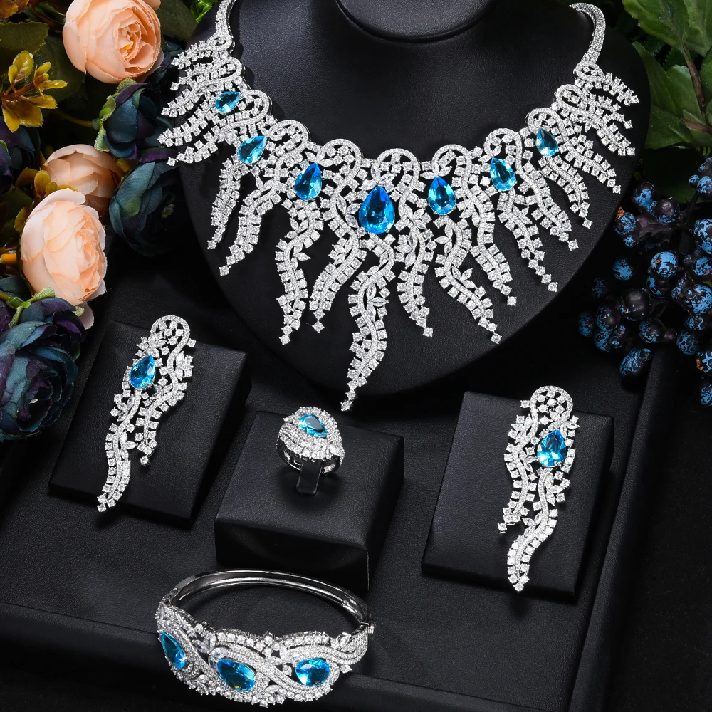 Famous Brand Blue CZ Luxury dubai Jewelry Sets For Women Wedding Party Zircon Crystal Indian Bridal Jewelry Set Gift