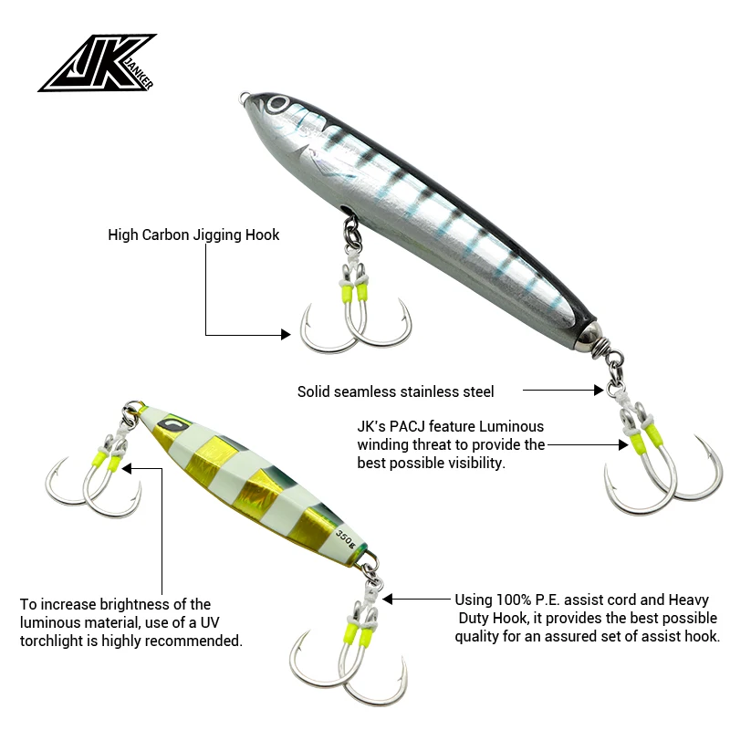 JK PACJ Fishing Power Twin Assist Hooks Set 1/0-11/0 Luminous Heavy Jig Hook Boat Fishing Accessories Saltwater Fishhooks