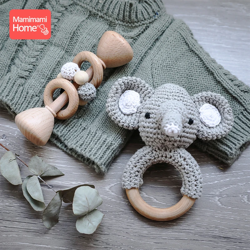 

1set/2Pc Baby Wooden Teether Music Rattle Toy Rodent Animal Elephant BPA Free Wood Teething Ring Montessori Toy Children's Goods