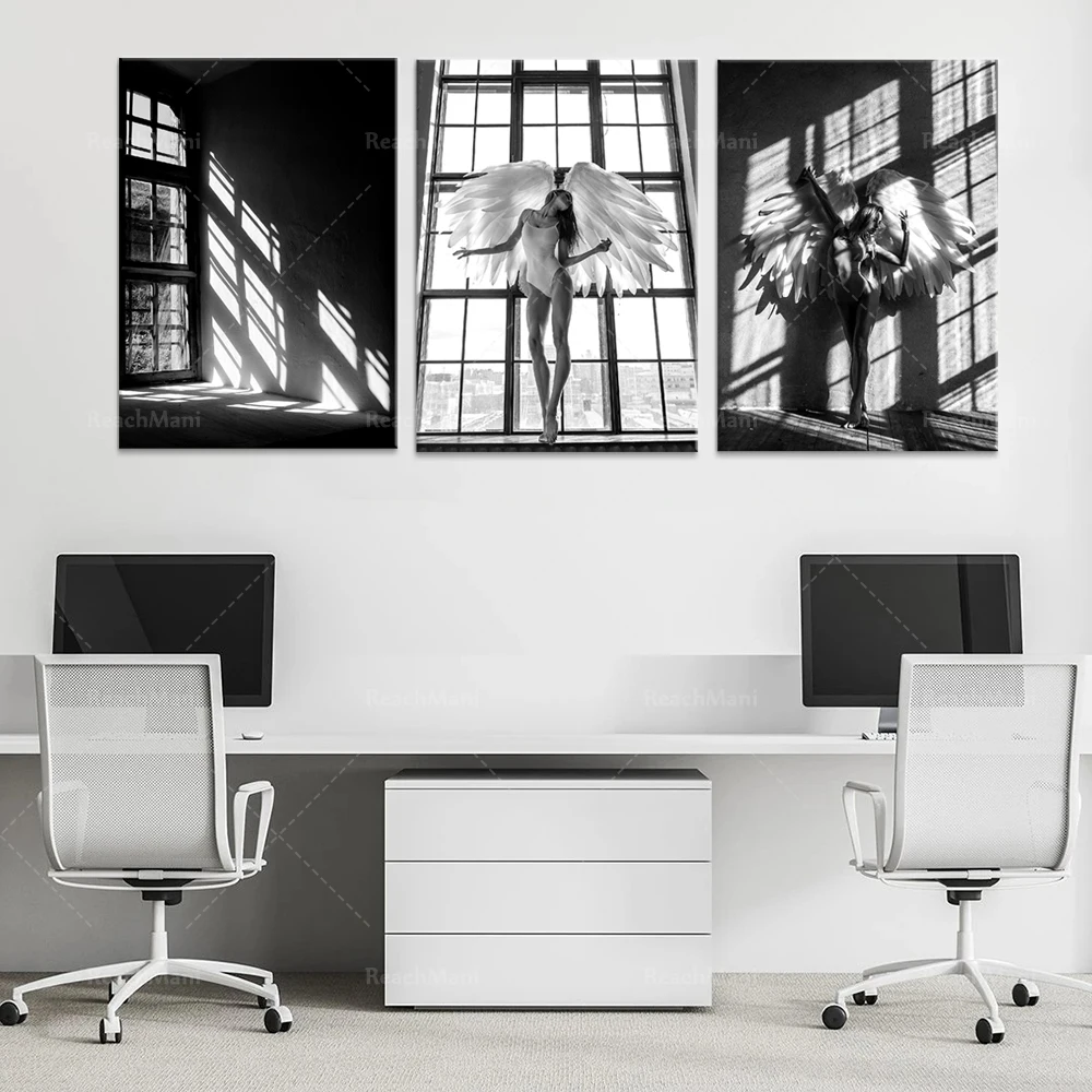 Woman angel wings window shadow monochrome black and white photo gallery wall art print picture poster