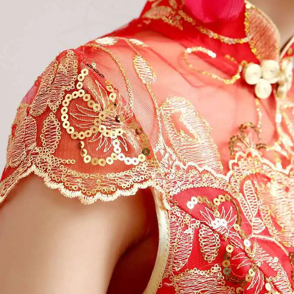 Female Long Short Sleeve Cheongsam Gold Sequin and Embroidery Chinese Traditional Dress Women Qipao Red Chinese Wedding Dress