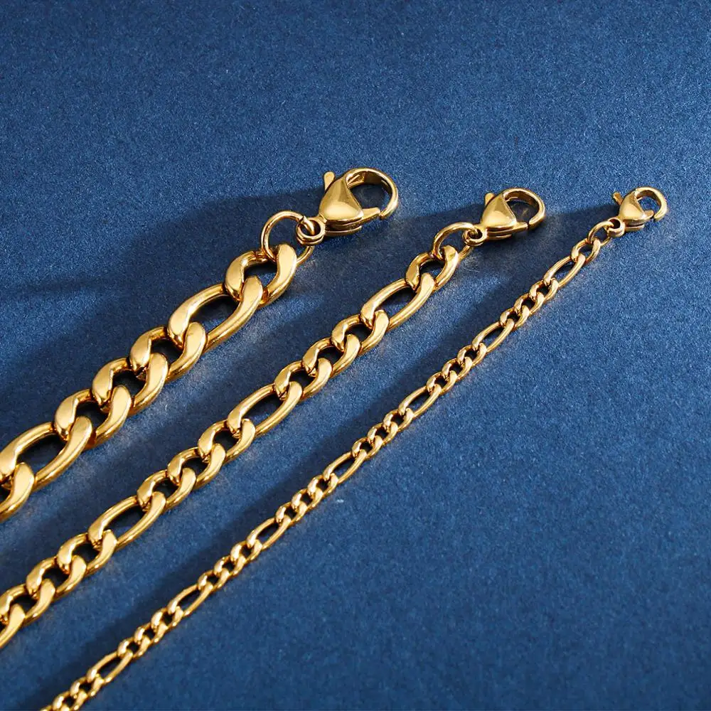 3/5/7mm Metal Gold Color Figaro Link Chain Bracelet  For Men Stainless Steel Fashion  Jewelry
