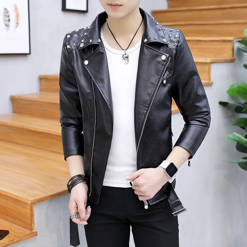 2023 Men's Rivet Lapel Oblique Zipper Slim Fit Trendy Handsome Casual Biker's Leather Jacket