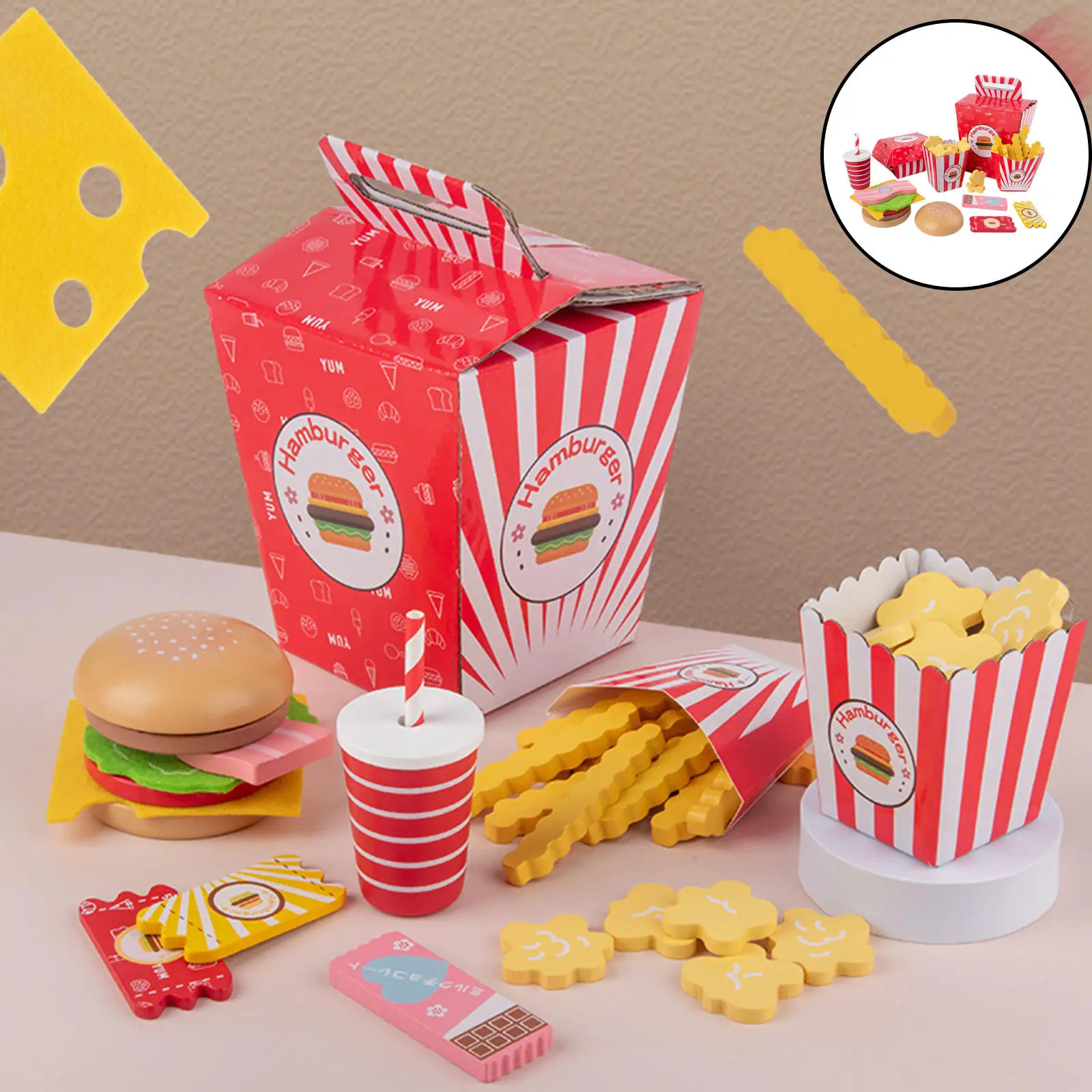 

Wooden Pretend Play Play Food Toy Set Fast Food Hamburger Kids Toddlers