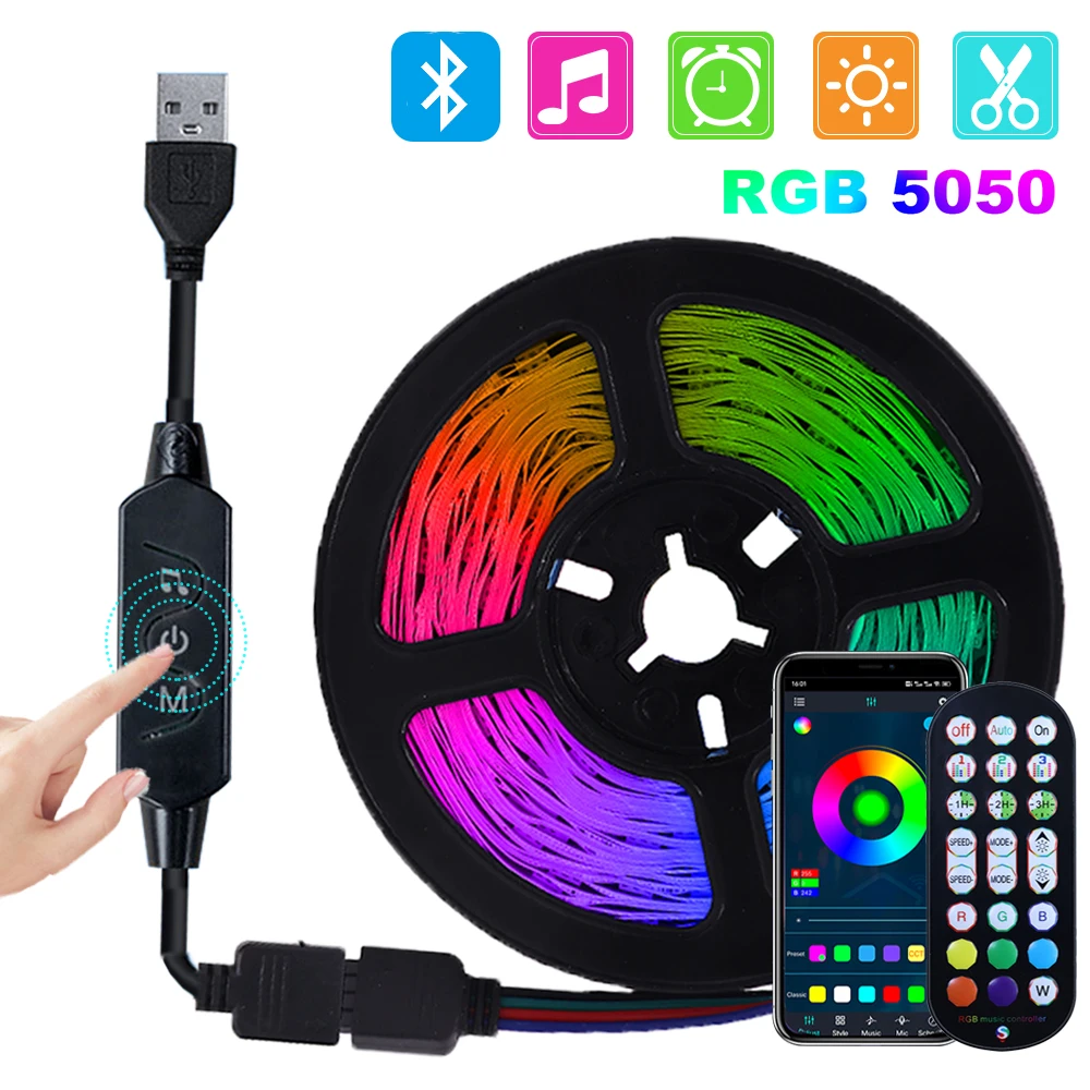 

5V LED Strip RGB 5050 Bluetooth APP/ IR Remote Control 5M 10M 15M Flexible Led Tape Music Sync Lamp for PC Screen TV Back Light