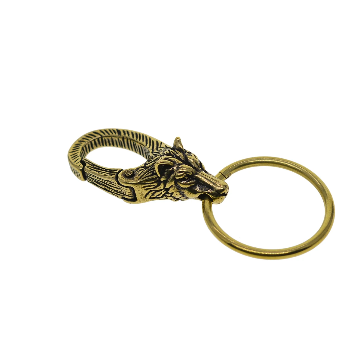 Handmade spring snap oval wild wolf head raw brass Japanese hook FOB keychain jean chain DIY Halloween gift Jump lock keyrings