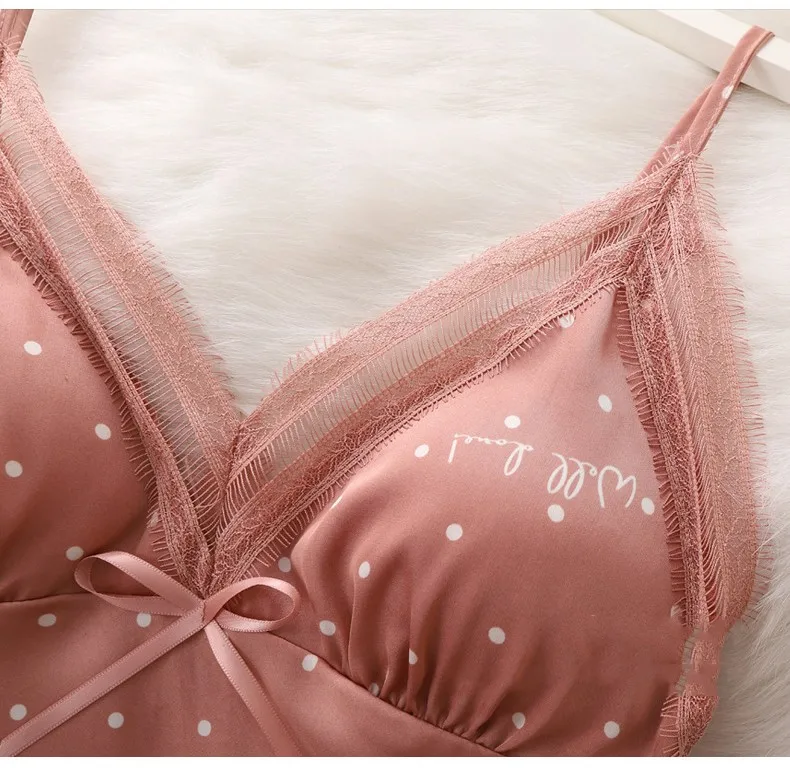 Pajamas Suit Women Sexy Pyjamas Print Polka Dot Sleepwear Loose Nightwear Satin Intimate Lingerie Casual Shirt&Pants Sets