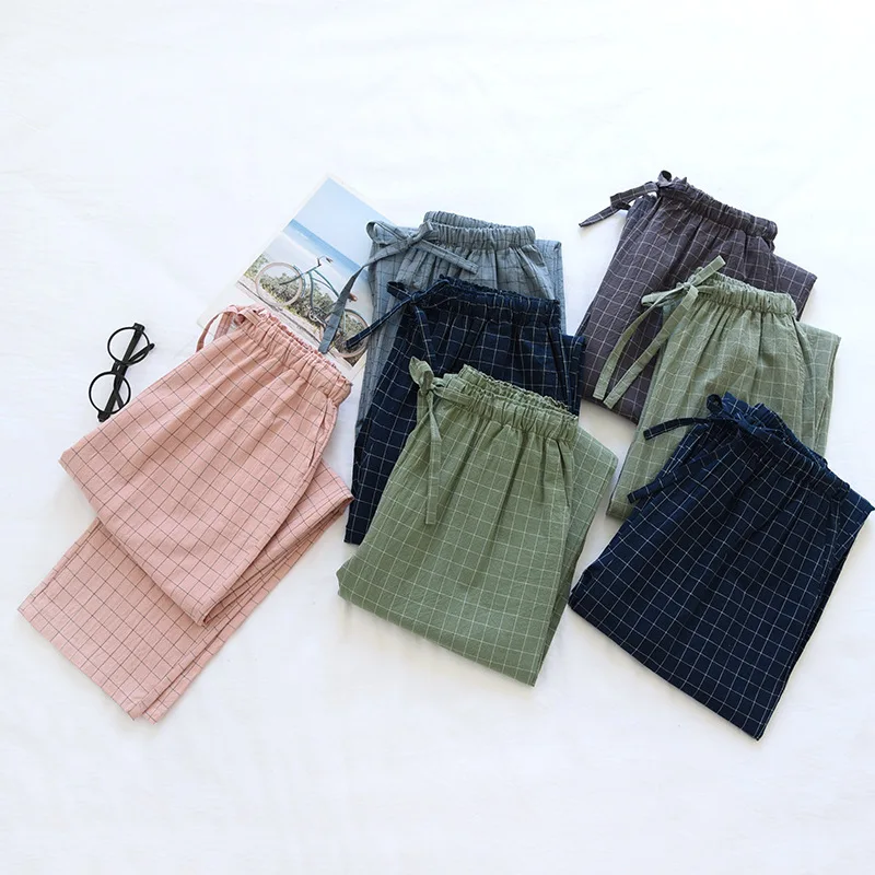 Spring Washed Cotton Sleep Bottoms Loose Thin Lovers Pijamas Plaid  Lounge Pants Elastic Waist Sleepwear Women and Men Trousers