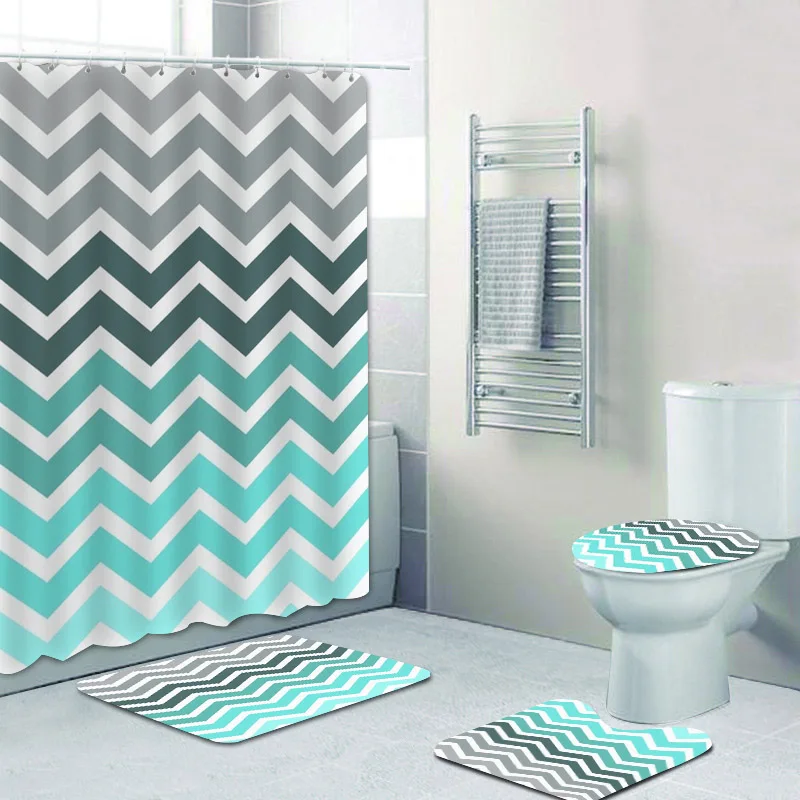 4PCS Set Trendy Grey Turquoise Blue Fade Chevron Waterproof Shower Curtain Bathroom Curtain Set Bath Mat Rug Carpet Home Decor image 3