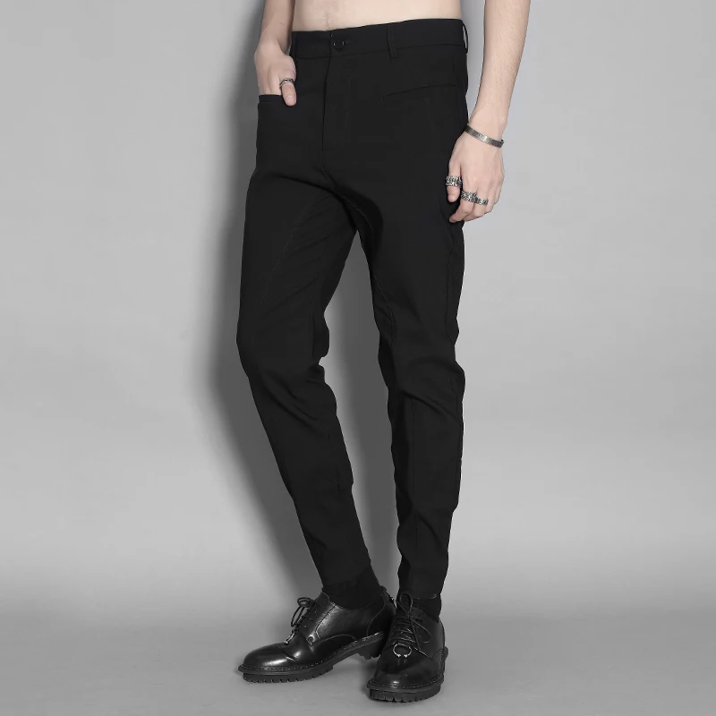 British personality splicing in spring and summer nine-point trousers slim feet stretch pants men's trend casual pants blac