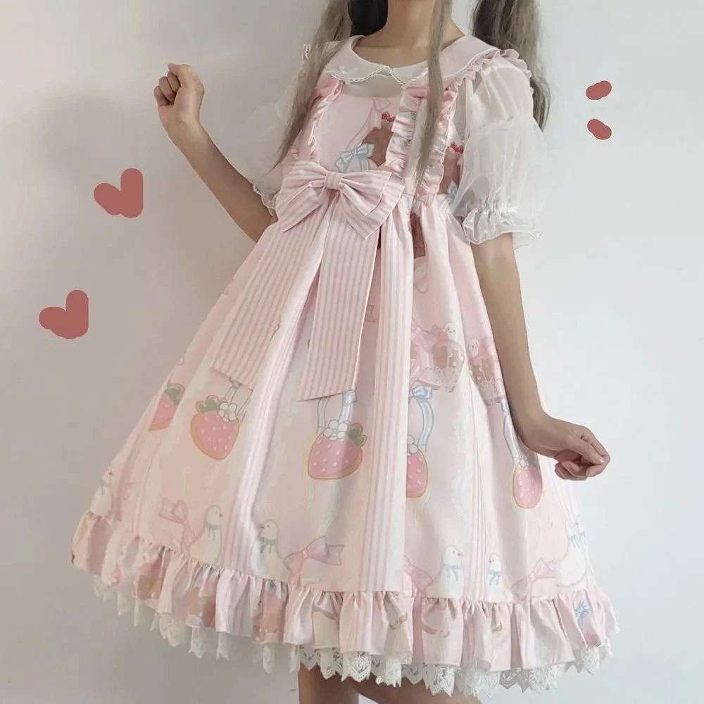 

Sweet Girls Summer Stripe Strawberry Cake Printing Dress Lolita Victoria Princess Bowknot Lace Vestidos Cosplay Lolita Jsk