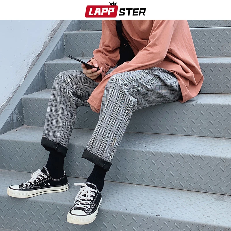 LAPPSTER Japanese Streetwear Baggy Black Plaid Pants Men Harajuku Sweatpants 2023 Man Casual Straight Joggers Pants Casual Pants