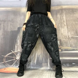 Autumn Spring New Fashion Women Elastic Waist Loose Jeans Vintage Print Cotton Denim Harem Pants Casual Jeans S463