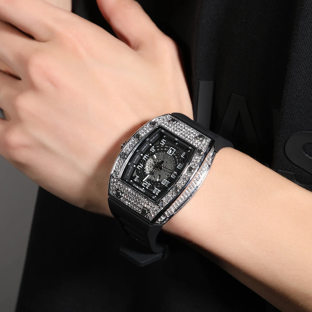 Hip Hop Full Iced Out Square Men Watches Stainless Steel Mechanical Luxury Rhinestones Quartz Square Wristwatches Business Watch