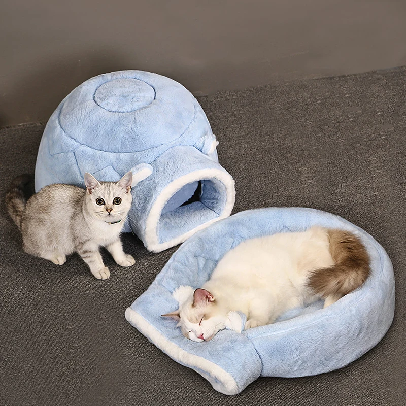 Hoopet 2-In-1 Pet Cat Igloo House Cat Puppy Blanket Bed Warm Cave Removable Washable Mat Winter Fully Surrounded Thick Pet House