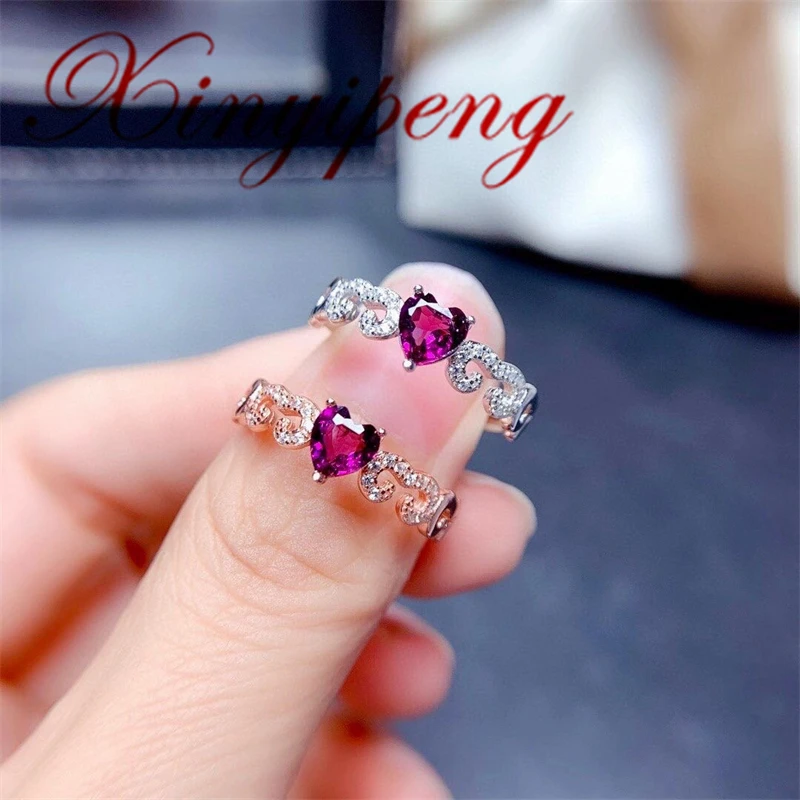 

Xin Yipeng Real S925 Sterling Silver Plated Gold Inlaid Natural Garnet Ring Fine Jewelry Valentine's Day Gift for Women