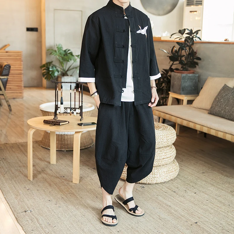 Plus Size M-5XL Cotton Linen Black Embroidery Hanfu Sets Kung Fu Chinese Style Suit Men Traditional Tang Tops + Pants Clothes