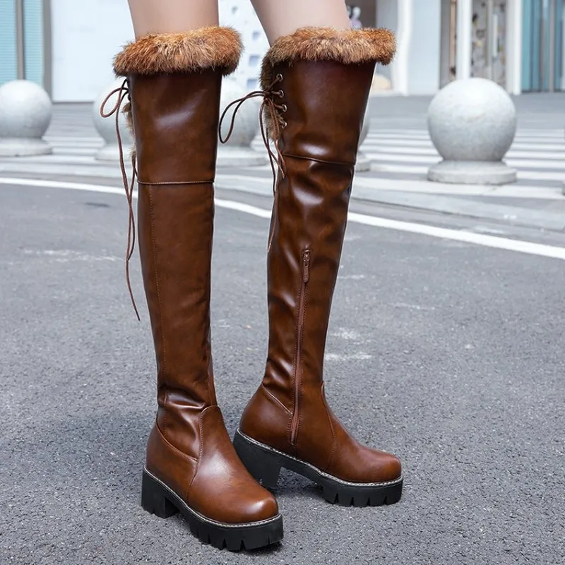 winter The New Rabbit hair fashion Round head High tube Over the knee boots Plus velvet Keep warm High heel Women boots